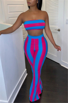 Sexy Striped Printing Strapless Pants Red Blue Set