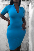 Fashion Casual Light Blue Short Sleeve Dress