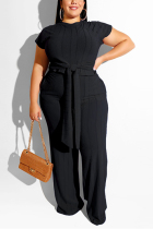 Casual Straight Pants Strap Elastic Force Black Two-Piece Suit