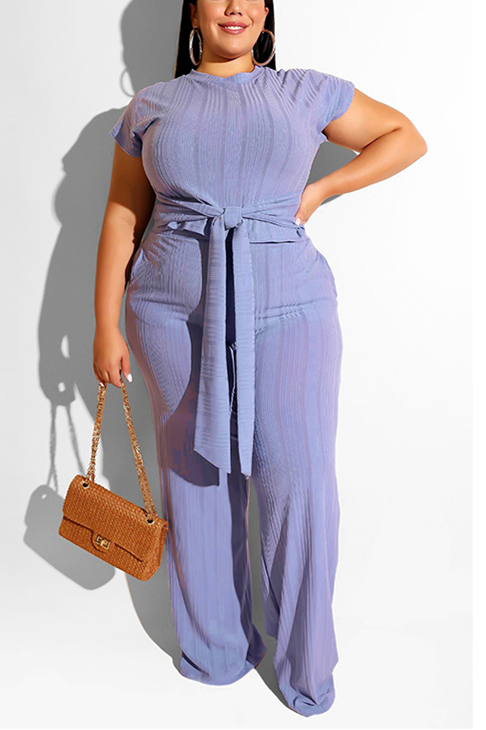 

Casual Straight Pants Strap Elastic Force Light Blue Two-Piece Suit