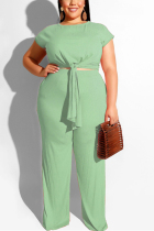 Casual Straight Pants Strap Light Green Two-Piece Suit