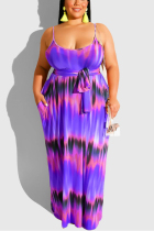 Sexy Print With Belt Straight Strap Purple Dress