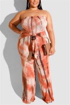 Printed Wrapped Chest Straight Orange Sexy Large Size Jumpsuit