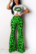 Fashion Sexy Leopard Print Lip Green Two-Piece Suit