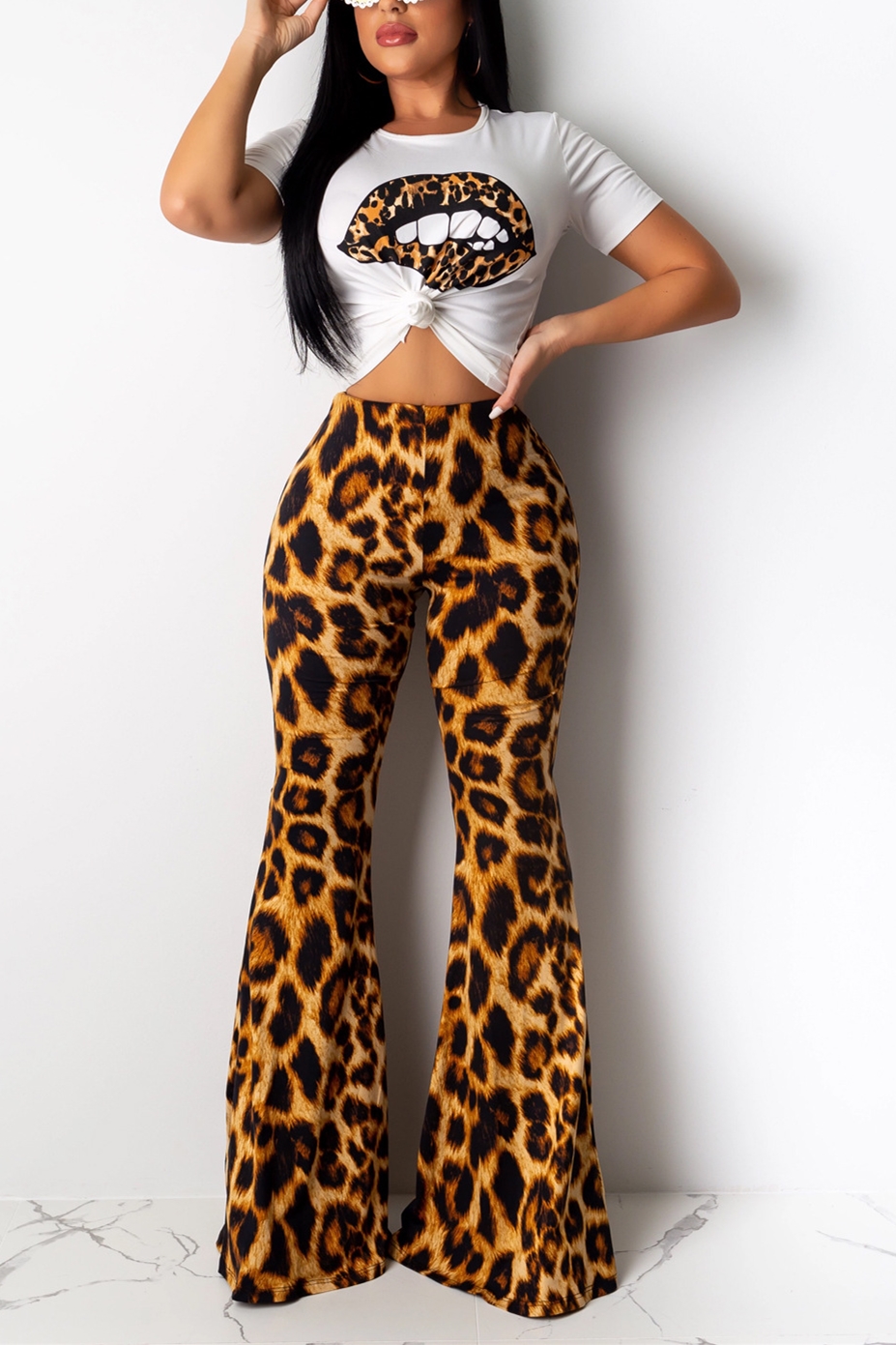 

Fashion Sexy Leopard Print Lip Brown Two-Piece Suit