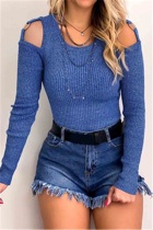 Sexy O Neck Solid Color Waist Long Sleeve Blue Top
