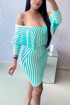 Casual Striped Print Ruffled Word Shoulder Light Green Two-Piece Suit