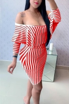 Casual Striped Print Ruffled Word Shoulder Red Two-Piece Suit
