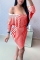 Casual Striped Print Ruffled Word Shoulder Red Two-Piece Suit