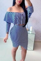 Casual Striped Print Ruffled Word Shoulder Blue Two-Piece Suit