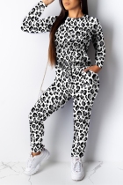 Fashion Leopard Print Long Sleeve White Two-Piece Suit