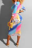 Multi-color Milk. Sexy Cap Sleeve Long Sleeves V Neck Step Skirt Mid-Calf Floral Print 