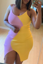 Sexy Spaghetti Strap Pink And Yellow Patchwork Dress
