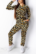 Fashion Leopard Print Long Sleeve Brown Two-Piece Suit