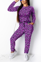 Fashion Leopard Print Long Sleeve Purple Two-Piece Suit