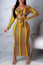 Sexy Hollow Out Multicolor Striped Print Dress