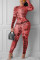 Fashion Sexy Long Invisible Zipper Print Slim Rose Red Jumpsuit