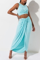 Sexy Solid Color Pleated Vest Skirt Light Blue Two-Piece Suit