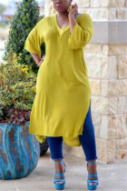 Fashion Solid Color Loose Five-Point Sleeves Open Yellow Dress