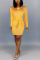 Casual Bag Hip Long Sleeve Bow V Neck Slim Yellow Dress