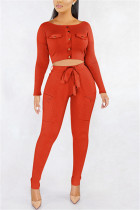 Fashion Casual Pit Long-Sleeved Trousers Orange Two-Piece