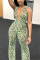 Fashion Sexy Print Mesh Backless Perspective Green Jumpsuit