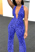 Fashion Sexy Print Mesh Backless Perspective Blue Jumpsuit