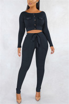 Fashion Casual Pit Long-Sleeved Trousers Black Two-Piece