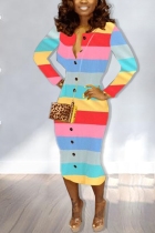 Casual Button V-Neck Rainbow Striped Sexy Yellow Dress