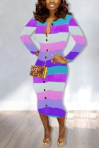 Casual Button V-Neck Rainbow Striped Sexy Purple Dress