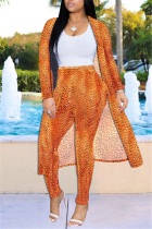 Nightclub Fashion Leopard Print Long Coat Orange Two-Piece Suit