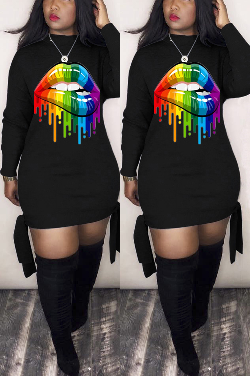 

Casual Digital Print Lips Long Sleeve Black Dress