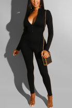 Fashion Reversible Zipper Black Solid Jumpsuits