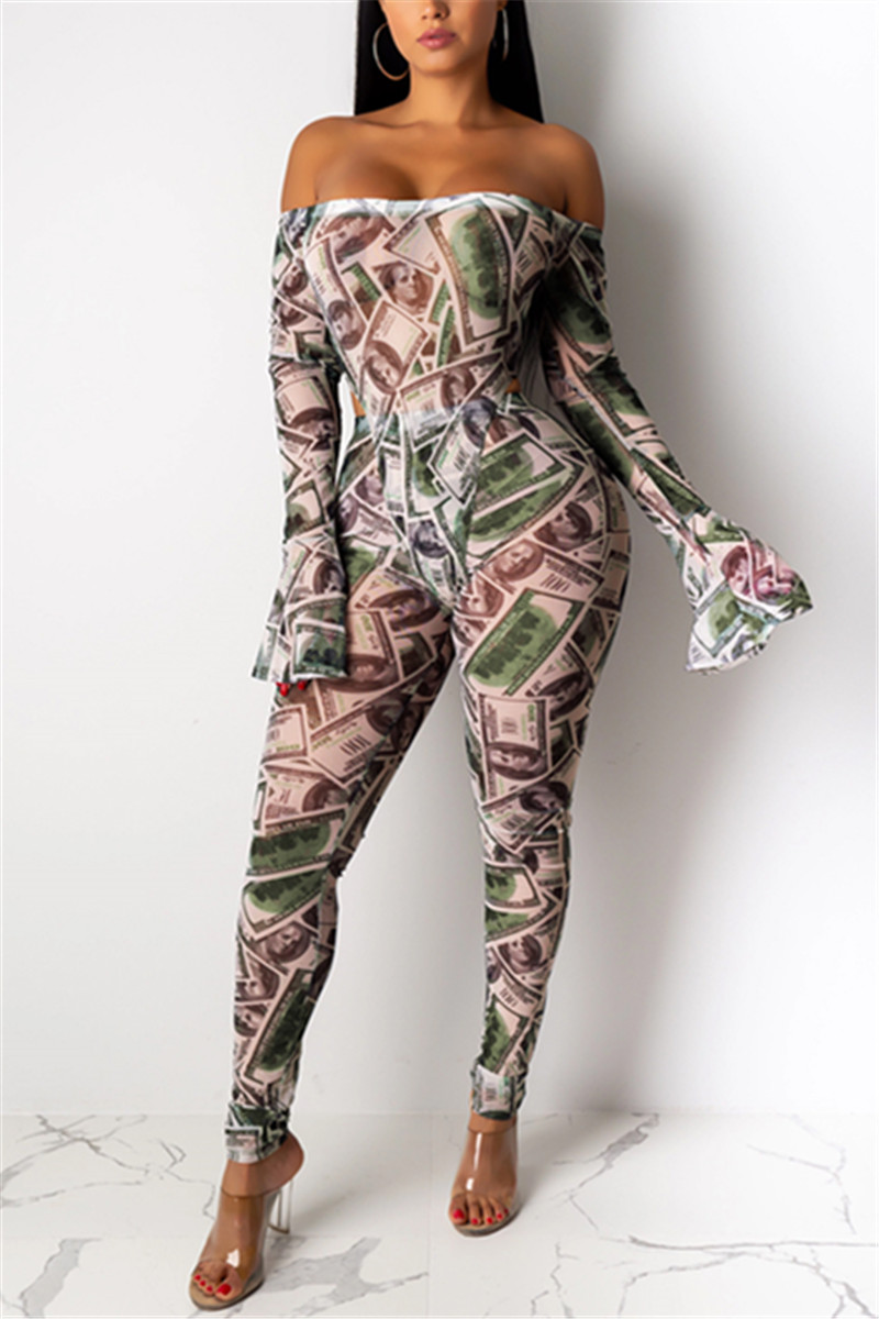 

Sexy Dollar Print Green Long Sleeve Two-Piece Set