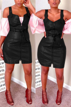 Fashion Casual Strap Zip Tie Lace Black Dress