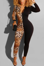 Fashion Leopard Patchwork Black Jumpsuits