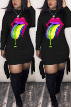 Digital Print Colorful Tongue Strap Black Long Sleeve Dress