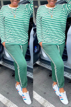 Casual Sports Print Stripe Retro Green Two-Piece Suit