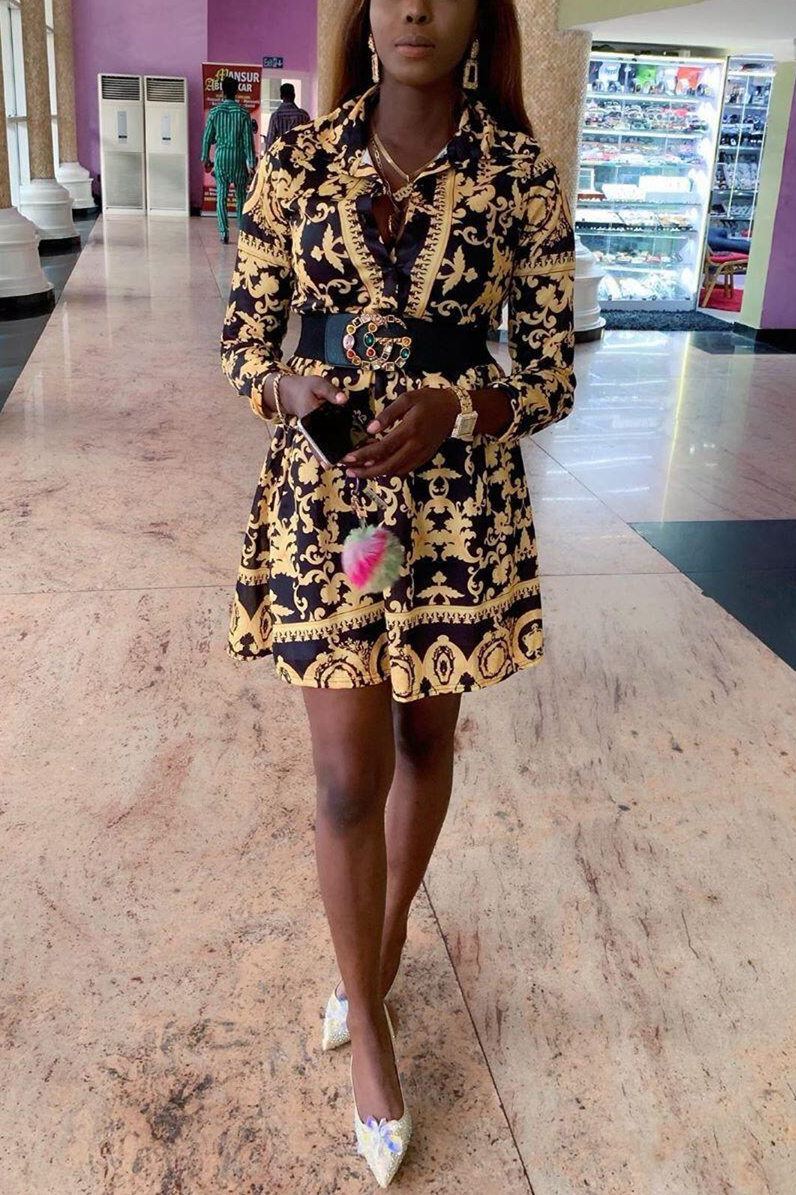 

Casual Print Long Sleeve Gold Shirt Dress