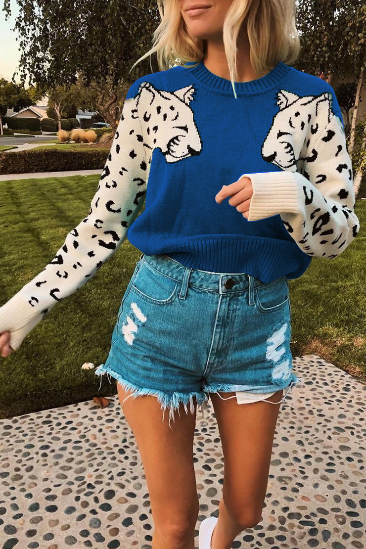 

Casual Fashion Leopard Print Elastic Blue Sweater