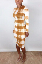 Casual Round Neck Tie Dyed Stripes Long Sleeves Khaki Dress