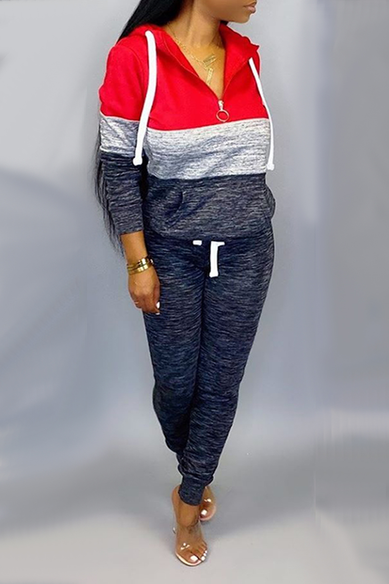 

Casual Stitching Plaid Red Long-Sleeved Trouser Suit