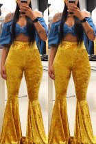 Fashion Casual Velvet Yellow Solid Flared Trousers