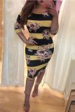 Black yellow Fashion Casual Sexy Cap Sleeve Long Sleeves O neck Step Skirt Knee-Length Striped Floral P
