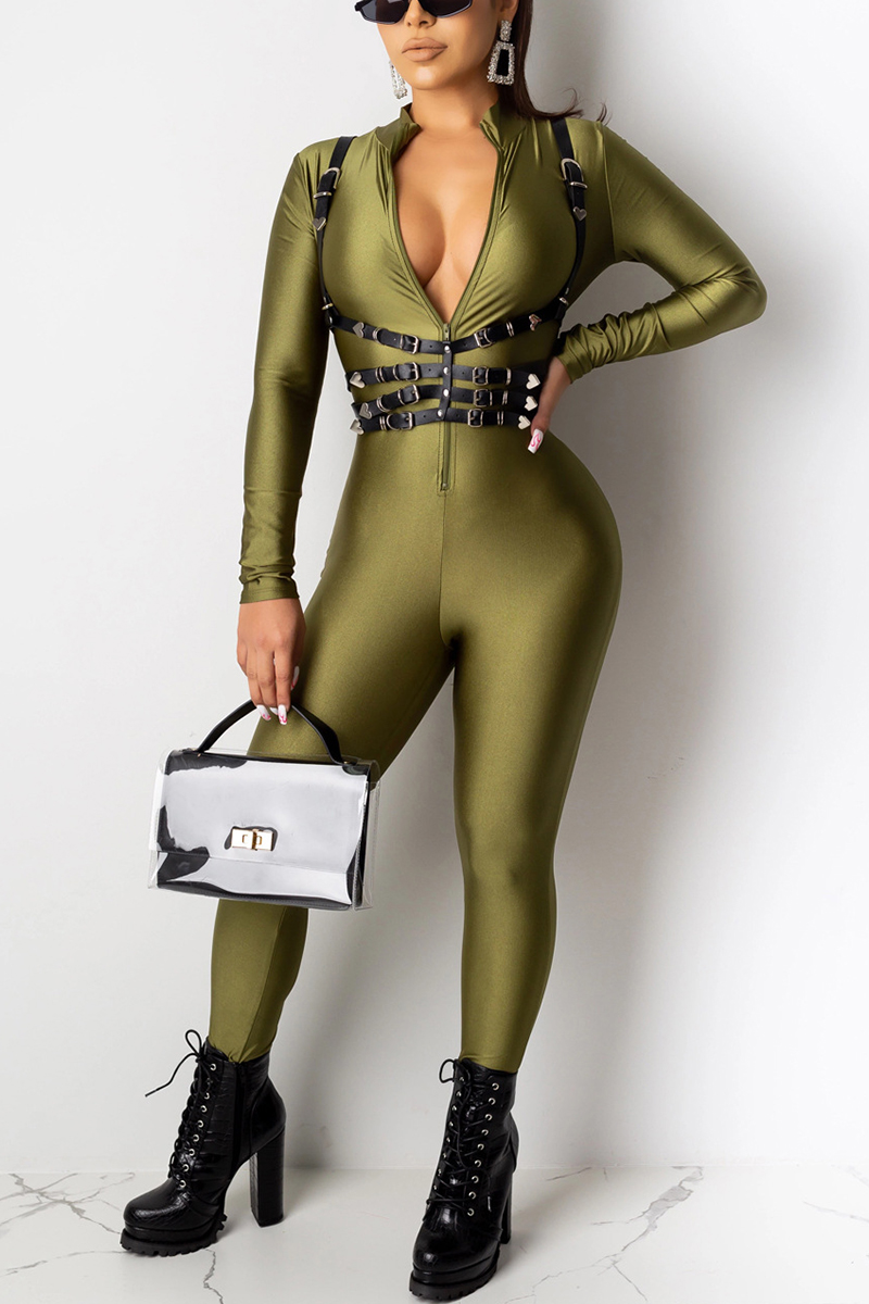 

Fashion Zipper Dark Green Solid Jumpsuits