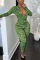 Fashion Digital Printing Metal Zipper Long Sleeve Matcha Green Jumpsuit