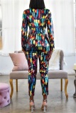 multicolor adult OL Fashion Print Two Piece Suits pencil Long Sleeve Two-piece Pants Set