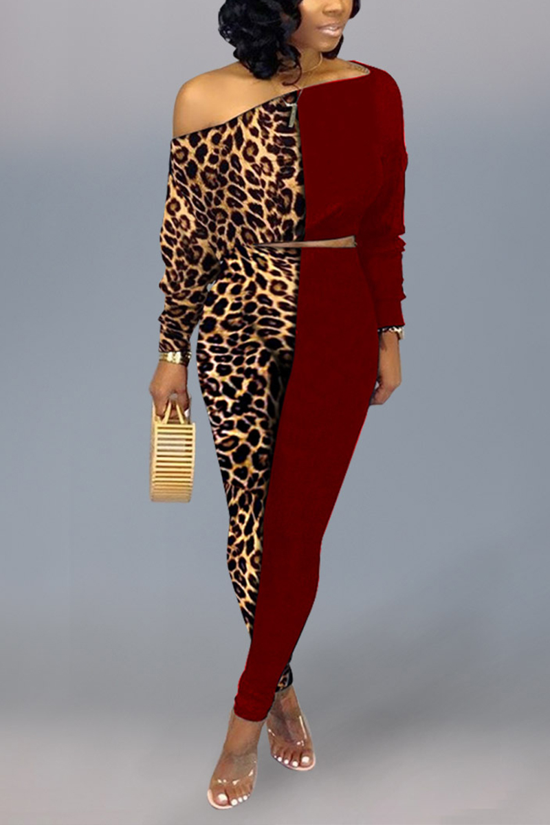 

Sexy Leopard Print Off Shoulder Wine Red Two-Piece Suit