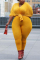 Casual V-Neck Solid Color Large Size Yellow Two-Piece Suit