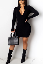 Fashion Casual Zipper Tight-Fitting Hip Black Dress